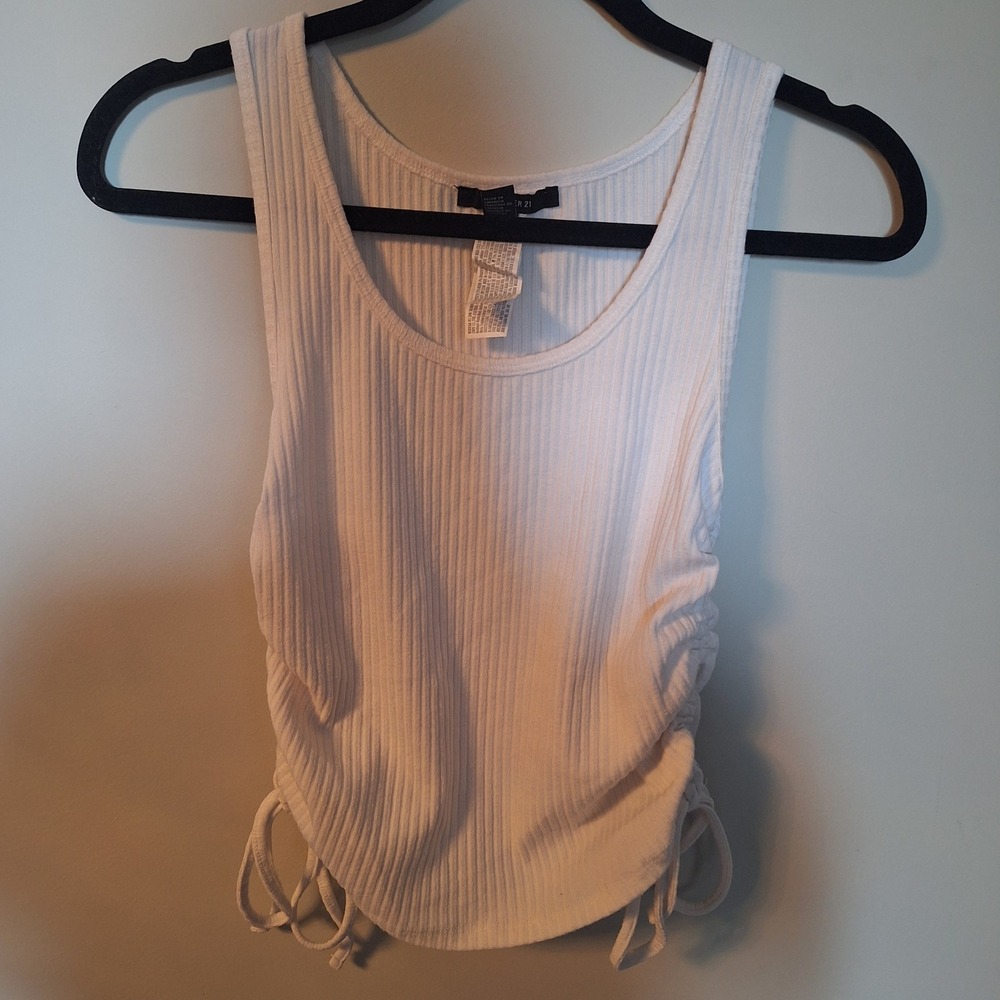 Forever 21 White Ribbed Ruched Side Drawstring Tank Top Size Medium